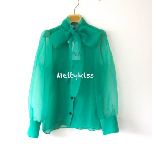 NWT ZARA SEMI-SHEER ORGANZA BLOUSE WITH TIE Sz-XS - Picture 5 of 8